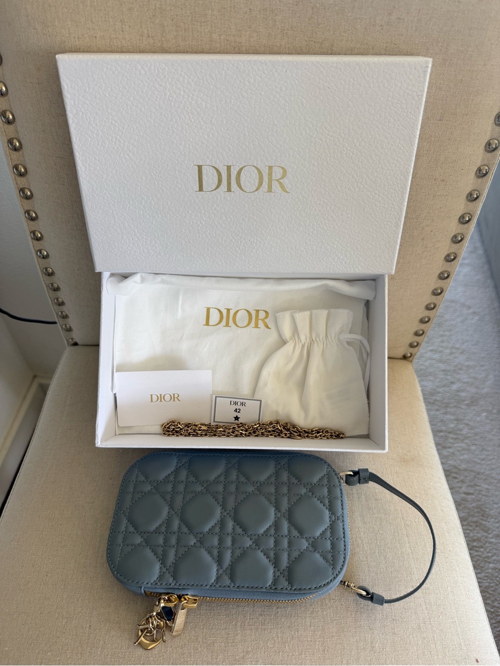 Dior Quilted Mini Camera Bag in Slate Blue with Gold Hardware